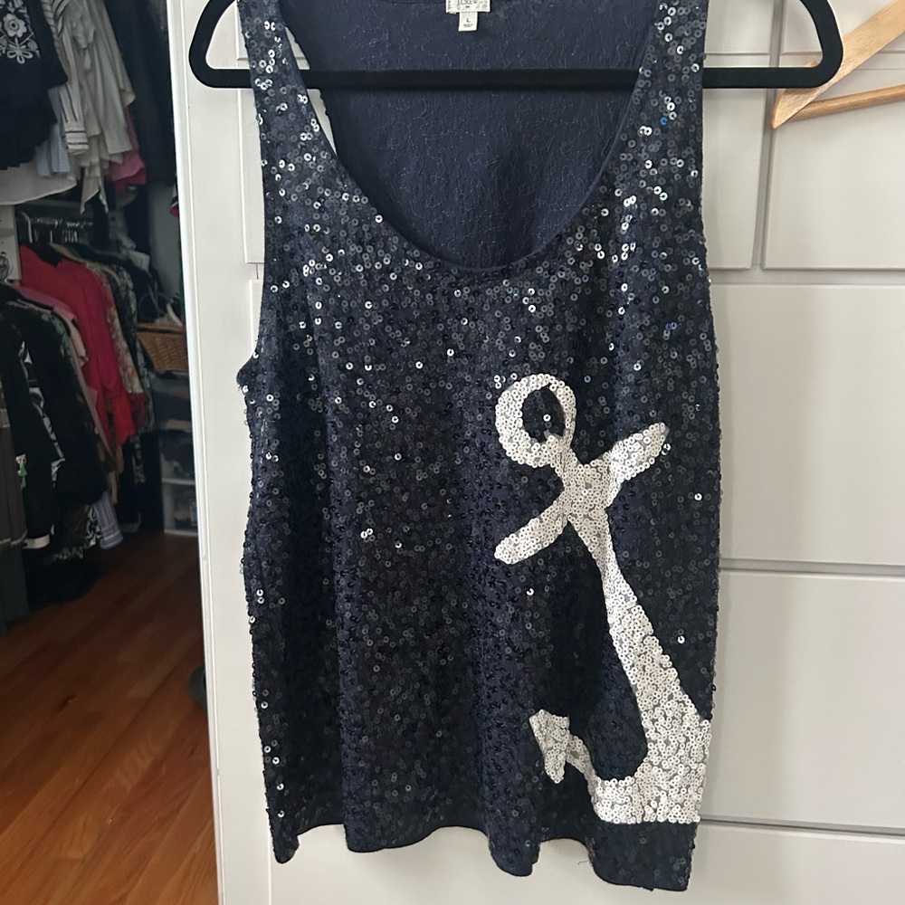 J. Crew Blue Sequin Tank Top with Anchor Design